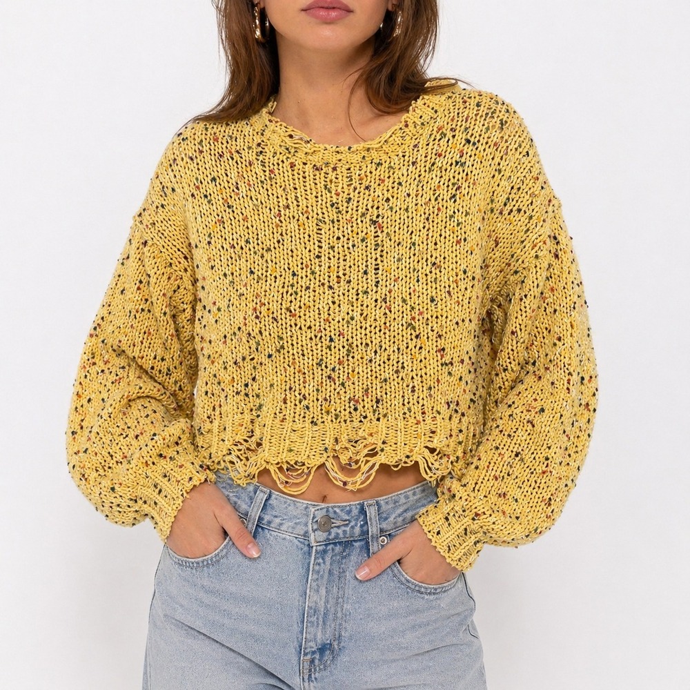 Adora Cropped Sweater Womens Small Yellow Confetti Pattern Round Neck Distressed